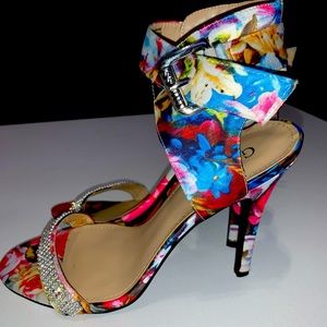Studded Flower Print Guess Ankle Heels